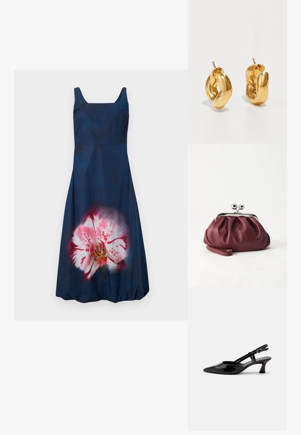 Navyblauwe jurk met een vierkante halslijn en een mouwloos ontwerp; heeft een groot, lichtroze bloemenpatroon aan de voorkant. Stevige textuur.; Zwarte lakleren slingback kitten heel schoen met spitse neus en verstelbare gouden gespsluiting op een witte achtergrond.; Kleine bordeauxrode leren clutch-portemonnee met zilverkleurige metalen sluiting en polsbandje op een witte achtergrond.; Dik gouden creolen met een licht gedraaide, buisvormige ontwerp en een schroefsluiting op een witte achtergrond.
