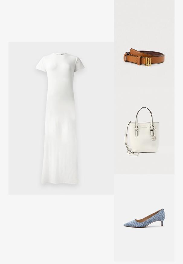 Lang, fitted, wit jurkje met korte mouwen, ronde halslijn, gladde textuur en een vloerlang ontwerp. Geen zichtbare patronen of accenten.; Blauwe damespump met lage hak en puntige neus, met een kittenhak en een beige voering, op een witte achtergrond.; Witte leren handtas van Michael Kors met dubbele handvatten, verstelbare schouderriem en ronde metalen MK-logo hanger.; Leren riem in kastanjebruin met een gladde textuur, metalen gesp in goudkleur met een uniek logoontwerp en fijn gestikte randen.