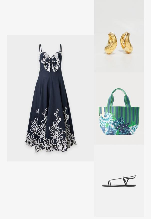 Robe bleu marine sans manches avec des détails en dentelle florale blanche le long de l'ourlet et un grand nœud en dentelle sur la poitrine.; Sandale plate noire avec fines lanières, une boucle pour les orteils et une boucle de cheville ajustable sur un fond gris clair.; Sac cabas avec des rayures verticales vertes et bleues, orné de grands motifs floraux bleus et blancs et deux poignées courtes.; Boucles d'oreilles en or en forme de d'anneaux lisses et courbés avec une finition polie. Équipées d'un mécanisme de fermeture et de légères indentations pour le détail.