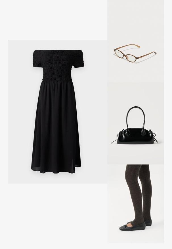 Vestido negro off-the-shoulder con cuerpo fruncido, mangas cortas y falda midi fluida. Hecho de una tela ligera y texturizada.; Piernas con leggings oscuros acanalados combinados con bailarinas negras que presentan pequeños detalles de lazo sobre un fondo blanco.; Gafas de carey marrón con lentes ovalados, patas delgadas y acentos transparentes. Presenta un sutil logo en la varilla. Diseño elegante y ligero.; Pequeño bolso negro brillante con dos asas largas y detalles de cordón lateral sobre un fondo claro liso.