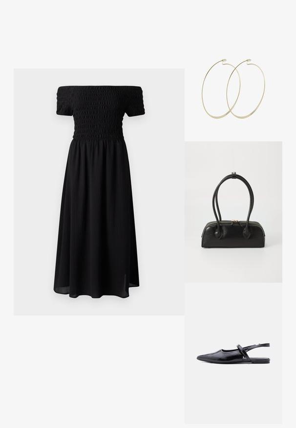 Vestido negro off-the-shoulder con cuerpo fruncido, mangas cortas y falda midi fluida. Hecho de una tela ligera y texturizada.; Zapato plano de punta negra con tirante delgado sobre la parte superior y patrón de piel texturizada.; Bolso de mano de cuero negro con dos asas alargadas, cierre de cremallera y forma redondeada; textura suave con un acabado ligeramente brillante.; Pilgrim Pendientes - gold-coloured