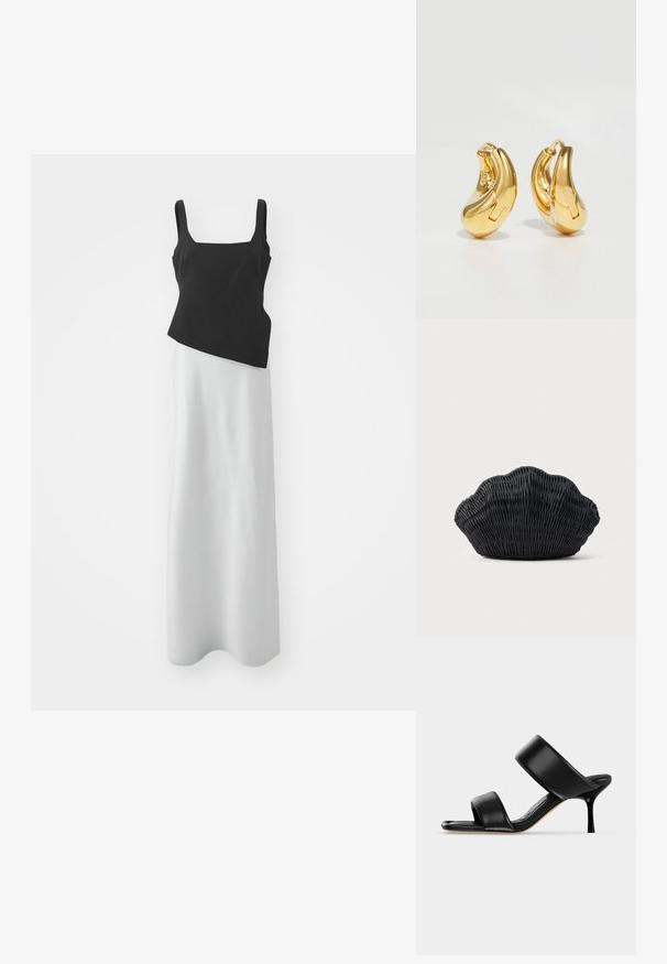 Black sleeveless bodice with square neckline paired with a long white skirt, contrasting materials, and asymmetric design. Smooth texture.; Black leather mule sandal with two wide straps and a slender mid-height stiletto heel on a plain light background.; Black wicker handbag shaped like a scallop shell with a curved top and woven texture on a plain background.; Gold hoop earrings with a smooth, curved shape and polished finish. Features a clasping mechanism and slight indentations for detail.