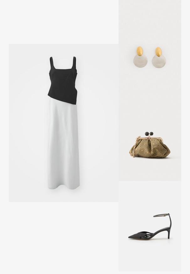 Black sleeveless bodice with square neckline paired with a long white skirt, contrasting materials, and asymmetric design. Smooth texture.; Black leather high-heeled shoe with a pointed toe, open sides, and a thin ankle strap featuring a small gold hardware detail.; Small clutch purse with gold and black geometric pattern, gold-tone metal frame, black ball clasp, and a short gold chain strap.; Gold and silver metal earrings featuring a round disc base and an oval top piece, smooth texture, and polished finish.