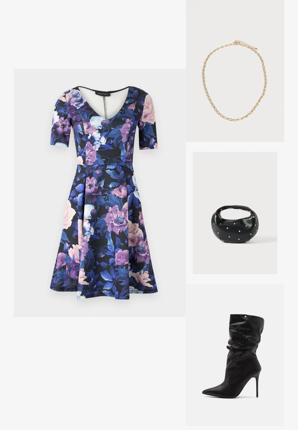 Blumenkleid mit V-Ausschnitt und kurzen Ärmeln; hat einen schwarzen Hintergrund mit großen lila und rosa Blumen, aus weichem Stoff, ausgestellter Rock.; Even&Odd Wide Fit High Heel Stiefelette - black; Schwarze Lederhandtasche mit abgerundeter Form, verziert mit silbernen Nietenakzenten und kurzem Griff. Glatte Struktur und Reißverschlussverschluss.; Dünne Goldkette mit ovalen Gliedern und verstellbarem Verschluss, kreisförmig auf schlichtem weißen Hintergrund angeordnet.
