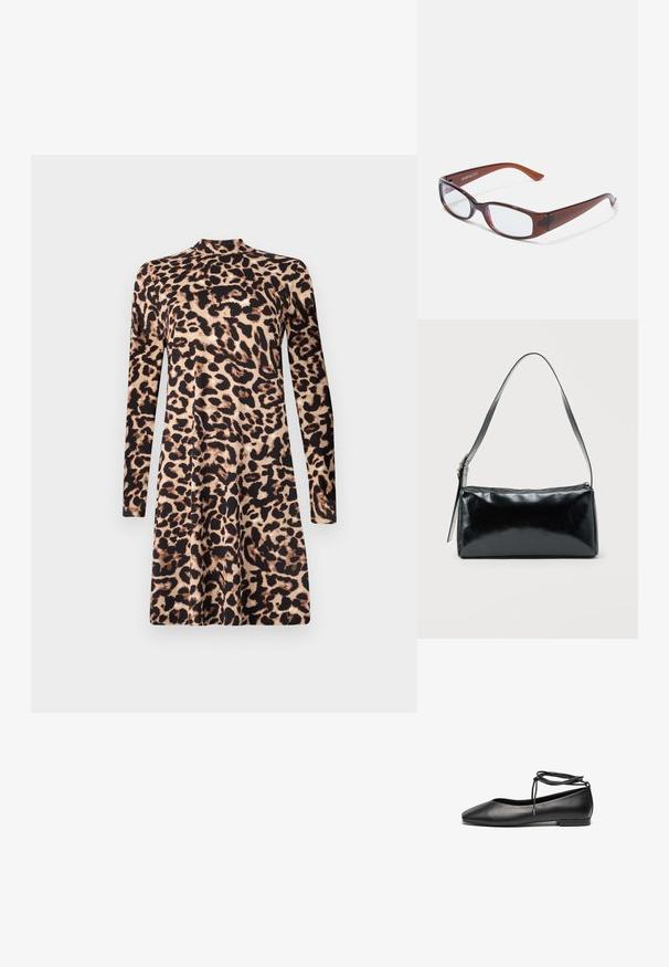 Φόρεμα μακρύ με leopard print, με ψηλή λαιμόκοψη και φουσκωτή σιλουέτα. Το ύφασμα έχει απαλό υφή με αντίθετους σκούρους και ανοιχτούς χρωματισμούς.; Μαύρες δερμάτινες μπαλαρίνες με μυτερή μύτη, επίπελο τακούνι και λεπτομέρεια δέσιμου γύρω από τον αστράγαλο. Λείο υλικό, μινιμαλιστικός σχεδιασμός.; Καφέ σκελετός γυαλιών σε ορθογώνιο σχήμα με γυαλιστερή φινίρισμα, διαθέτει λεπτά μπράτσα και διαφανείς φακούς. Το λογότυπο είναι ορατό στο αριστερό τιράντα.; Μαύρη ορθογώνια τσάντα ώμου με έναν ρυθμιζόμενο ιμάντα και κλείσιμο με φερμουάρ στην κορυφή σε μονόχρωμο φόντο.