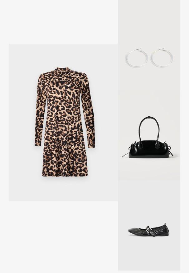 Leopardprint lange mouwen jurk met een hoge halslijn en een uitlopende silhoeet. De stof heeft een zachte textuur met contrasterende donkere en lichte kleuren.; Zwarte leren platte schoen met een spitse neus, geplooide details rond de opening en een zilveren gespaccentueerde verstelbare band.; Kleine zwarte glanzende handtas met twee lange hengsels en zijkant trekkoord details op een effen lichte achtergrond.; Een paar glanzende zilveren oorringen met dunne draadafsluitingen, getoond op een lichtgrijze achtergrond.