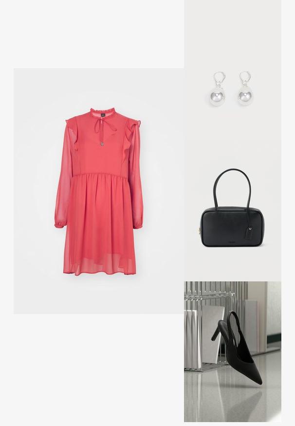 BOSS DIRENNA - Juhlamekko - light/pastel red; Musta, kärjestään kärkäs, slingback-tyylinen korkokenkä leijuu ilmassa kiiltävän lattian yllä, taustalla pino kansioita.; Musta suorakaiteen muotoinen käsilaukku, jossa on kaksinkertaiset pyöristetyt kahvat, kultainen vetoketju ja etuosassa kohokuvioitu "HUGO"-logo sekä siihen kiinnitetty nahkainen merkintätalja.; Hopeakylkiset korvakorut, joissa on sileät, pyöreät ja heijastavat pinnat, riippuvat leuka-takaklipsuista. Tausta on yksinkertainen valkoinen.