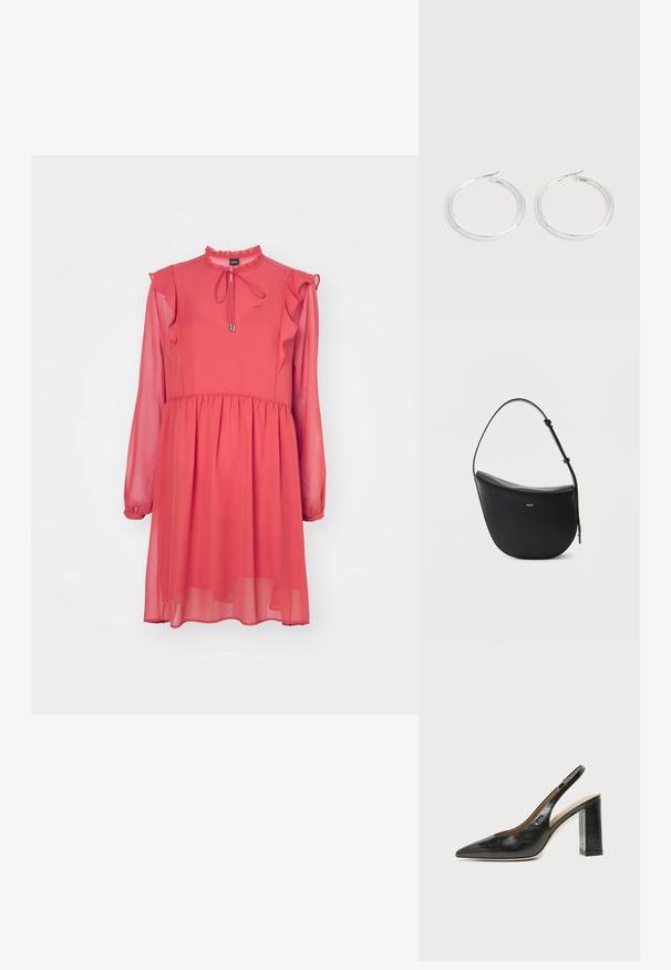 BOSS DIRENNA - Kokteilikleit/peokleit - light/pastel red; Mustast nahast terava varbaga slingback-kinga kõrge plokk-kontsaga ja beežsisemise voodriga tavalise heledal taustal.; Mustast nahast poolkuu-kujuline õlakott reguleeritava rihmaga ja esiküljel keskel kuldse „BOSS“ logoga.; Paari läikiva hõbedase rõngaskujulise kõrvarõngastega, millel on õhukesed traatlukkud, kuvatud heleda halli taustal.