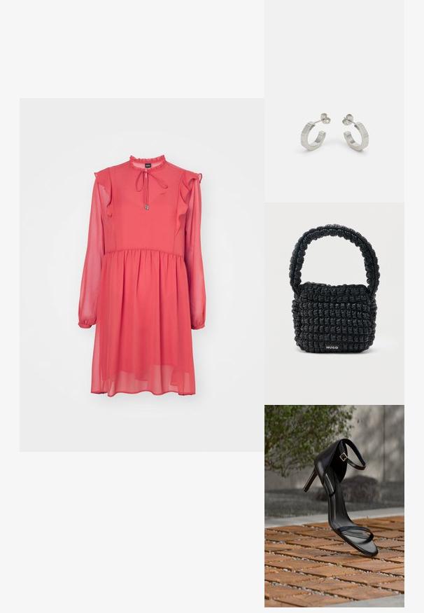 BOSS DIRENNA - Juhlamekko - light/pastel red; Mustat korkokengät, joissa nilkkahihna, näyttävät leijuvan puisella laattalattialla ulkona, taustalla sumea vihreä kasvillisuus ja kiviseinä.; Pieni musta tikattu käsilaukku, jossa lyhyt pehmustettu kahva ja edessä "HUGO"-merkintä, esillä vaaleaa yksiväristä taustaa vasten.; Hopeva ripustettavat korvakorut, joissa on hopeinen metallinen, tekstuurihoitoinen muotoilu. Niissä on pieni postikiinnitys ja brändäys yhdellä hoopilla. Pyöristetty muoto ja kiiltävä pinta.
