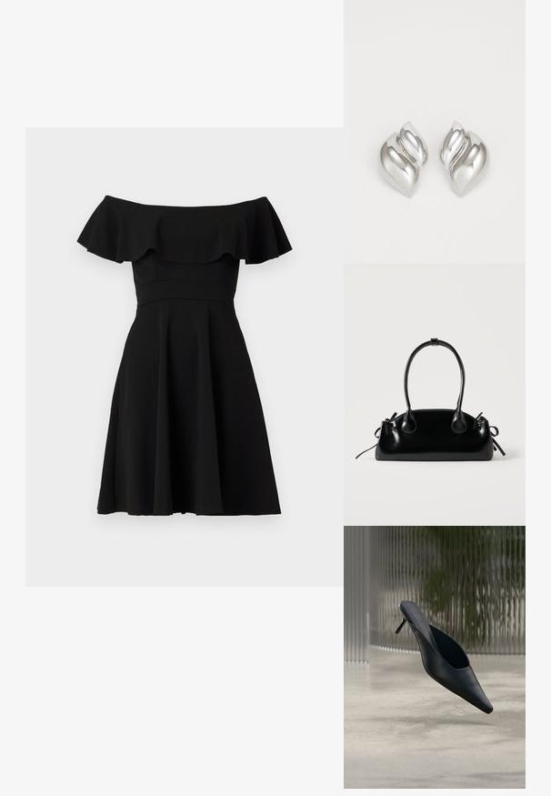 Vestido negro fuera de los hombros con un escote con volantes, corsé ajustado y falda acampanada. Hecho de una tela suave con un acabado sólido.; Zapato mule negro de punta fina con tacón alto y delgado flotando sobre un suelo de hormigón liso, con un fondo desenfocado de rayas verticales.; Pequeño bolso negro brillante con dos asas largas y detalles de cordón lateral sobre un fondo claro liso.; Pendientes de plata con una forma orgánica y abstracta. Superficie lisa y brillante con un diseño cónico. Presentan suaves curvas y un detalle de línea central.