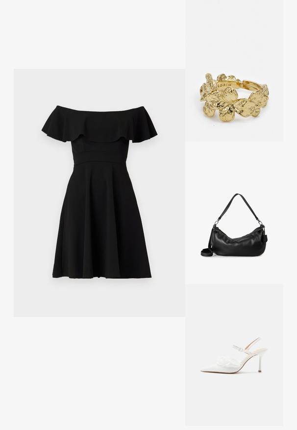 Zwart off-the-shoulder jurkje met een gerimpelde halslijn, een aansluitend lijfje en een uitlopende rok. Gemaakt van gladde stof met een effen afwerking.; Witte pumps met spitse neus, hoge hak en slingback met enkelbandje, voorzien van decoratieve parel- en kantversiering aan de voorkant.; Zwarte leren schoudertas met een gebogen vorm, gestructureerd oppervlak, verstelbare hengsels en metalen hardwareaccenten. Ritssluiting aan de bovenkant.; Gouden ring met een bloemmotief en getextureerde bladeren. De band is open, waardoor de maat verstelbaar is.