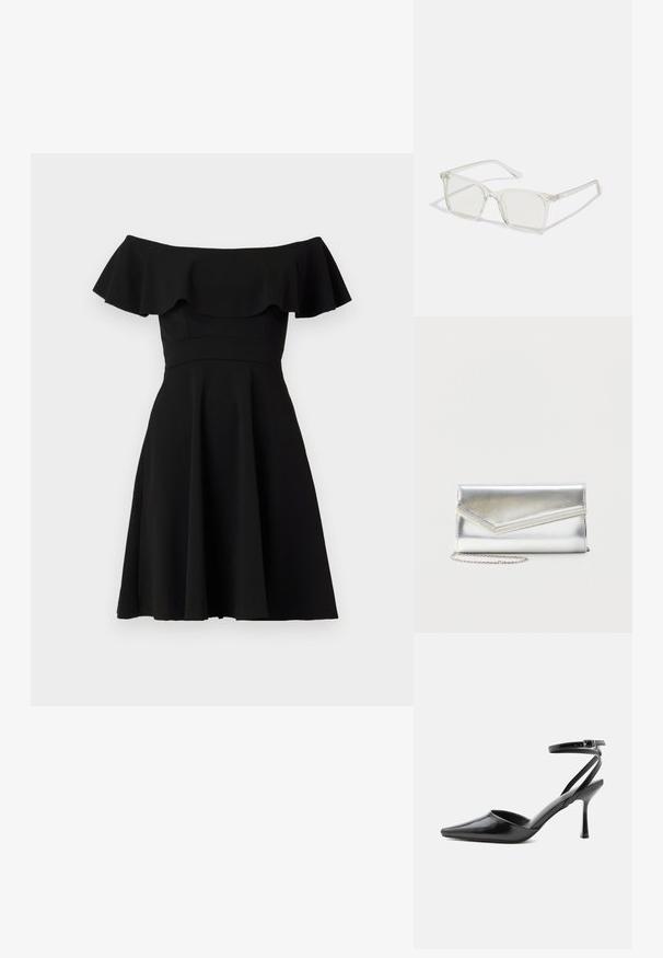 Vestido negro fuera de los hombros con un escote con volantes, corsé ajustado y falda acampanada. Hecho de una tela suave con un acabado sólido.; Zapato de tacón alto negro de punta fina con delgadas correas en el tobillo y cierre de hebilla plateada sobre un fondo liso claro.; Gafas cuadradas de plástico transparente con lentes translúcidos, que cuentan con acentos dorados en las patillas para un detalle adicional.; Bolso clutch plateado brillante con solapa de estilo sobre y adorno decorativo, pequeña correa de cadena plateada, sobre fondo liso claro.