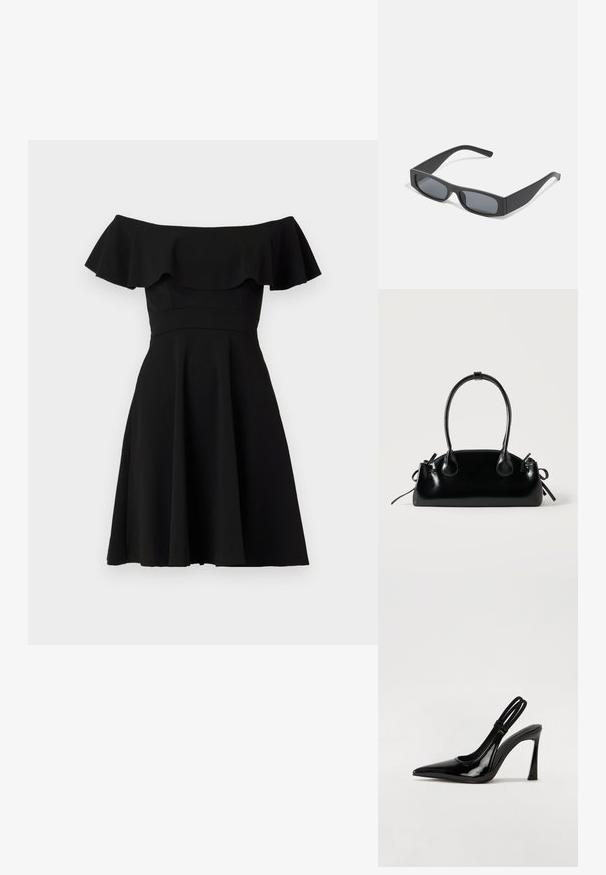 Zwart off-the-shoulder jurkje met een gerimpelde halslijn, een aansluitend lijfje en een uitlopende rok. Gemaakt van gladde stof met een effen afwerking.; Zwarte gepatineerde leren slingback pump met puntige neus, slanke hoge hak en dubbele elastische band voor een veilige pasvorm. Gladde, glanzende oppervlakte.; Zwarte rechthoekige zonnebril met donkere lenzen en dikke matte monturen. De zijstukken zijn licht taps toelopend met een gladde textuur.; Kleine zwarte glanzende handtas met twee lange hengsels en zijkant trekkoord details op een effen lichte achtergrond.