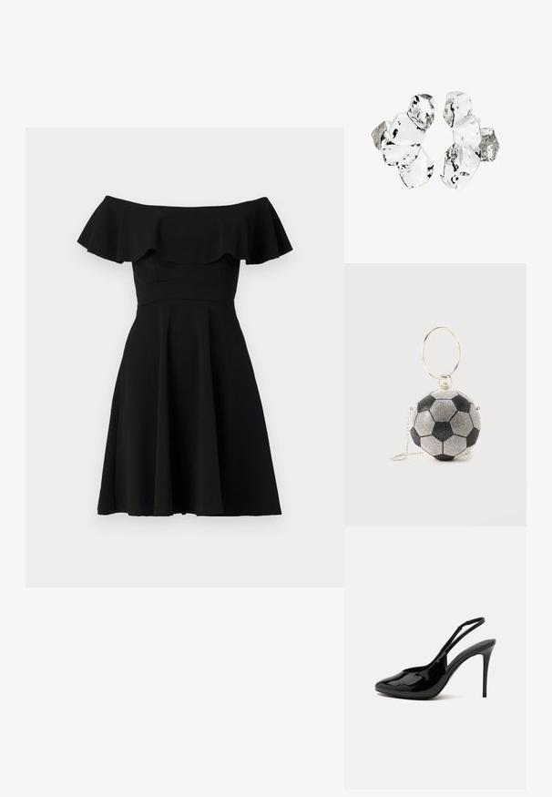 Vestido negro fuera de los hombros con un escote con volantes, corsé ajustado y falda acampanada. Hecho de una tela suave con un acabado sólido.; Zapato de tacón alto con tira trasera negro brillante, punta puntiaguda y tacón stiletto fino sobre un fondo claro y uniforme.; Pequeño bolso redondo con forma de balón de fútbol negro y blanco con asa de aro dorado y correa de cadena plateada.; Conjunto de seis piezas de forma irregular, translúcidas y reflectantes, similares al vidrio, dispuestas sobre un fondo blanco.
