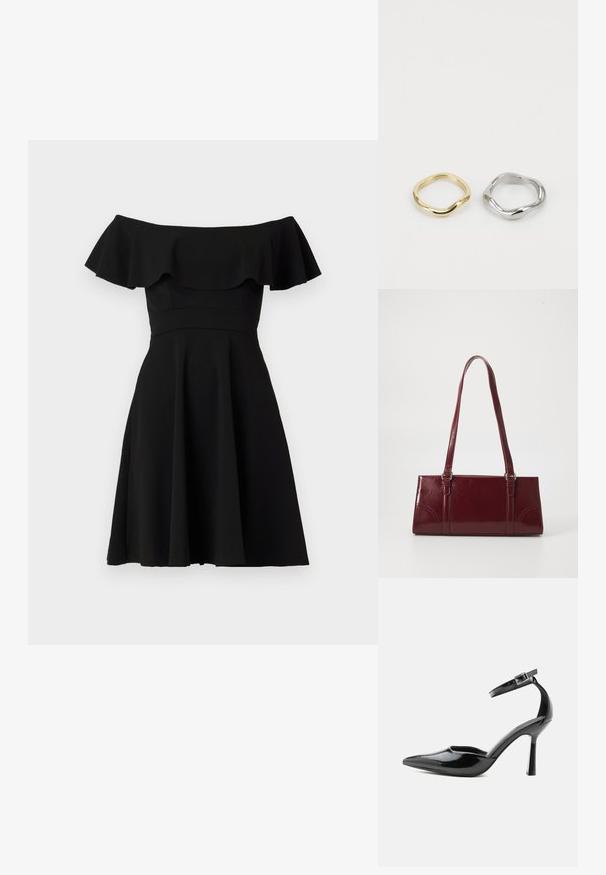 Vestido negro fuera de los hombros con un escote con volantes, corsé ajustado y falda acampanada. Hecho de una tela suave con un acabado sólido.; Zapato de tacón alto de charol negro con punta puntiaguda, correa en el tobillo y hebilla plateada, tacón de aguja, vista lateral sobre fondo liso.; Bolso burdeos hecho de material brillante, de forma rectangular, con dos asas para el hombro y sutiles acentos curvados en la parte frontal.; Se muestran dos anillos: uno de oro con un diseño liso y retorcido y uno de plata con una forma retorcida similar, ambos sobre un fondo blanco.