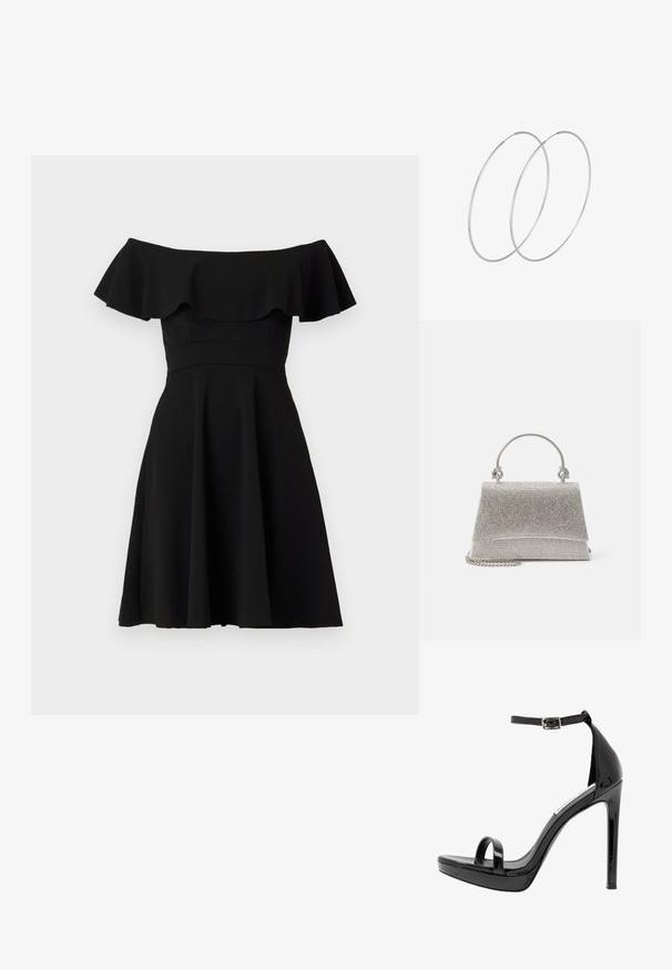 Sort off-the-shoulder kjole med en blonderet udskæring, tætsiddende liv og udvidet nederdel. Lavet af glat stof med en ensfarvet overflade.; Steve Madden MILANO - Højhælede sandaletter / Højhælede sandaler - black; ALDO FELISIA - Håndtasker - silver-coloured; Sølvøreringe med et minimalistisk design. Cirkulær form, glat tekstur og tynd profil. Letvægtige med en poleret overflade.