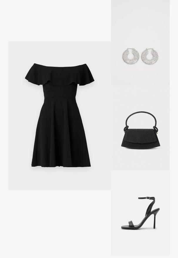 Sort off-the-shoulder kjole med en blonderet udskæring, tætsiddende liv og udvidet nederdel. Lavet af glat stof med en ensfarvet overflade.; Sort højhælet sandal med en slank ankelrem og to forreste bånd. Lavet af glat læder med en slank spids tå og stilettohæl.; Sort håndtaske med en struktureret form, tekstureret materiale, en knyttet hank og flaplukning. Har en subtil glans og minimal hardware.; Sølvøreringe med flere klare krystaludsmykninger, med en struktureret overflade og et åbent rundt design.