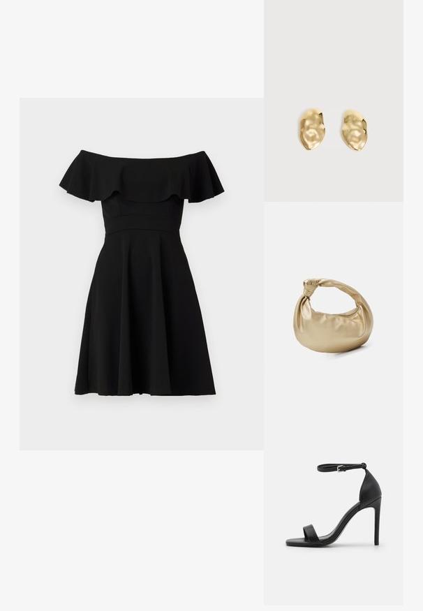 Vestido negro fuera de los hombros con un escote con volantes, corsé ajustado y falda acampanada. Hecho de una tela suave con un acabado sólido.; Sandalia de tacón alto negra con un diseño elegante, que cuenta con una correa en el tobillo, punta abierta y una textura de cuero suave.; Bolso de metal dorado con una textura suave y brillante. Presenta un asa anudada y una forma redondeada y suave. Cierre de cremallera en la parte superior.; Par de pendientes de metal dorado brillante, con forma irregular y superficie arrugada y lisa sobre un fondo claro y sencillo.