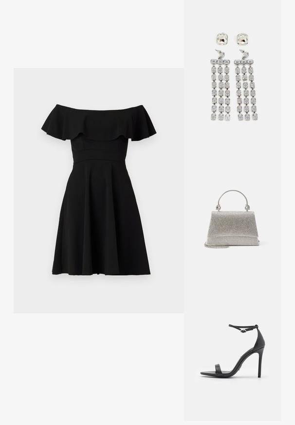 Vestido negro fuera de los hombros con un escote con volantes, corsé ajustado y falda acampanada. Hecho de una tela suave con un acabado sólido.; Sandalias de tacón alto negras con punta abierta, tiras delgadas y hebilla en el tobillo. Textura de cuero suave con un diseño de punta afilada.; ALDO FELISIA - Bolso de mano - silver-coloured; Pendientes colgantes de cristal con herrajes en tono plateado, que presentan un stud cuadrado y filas en cascada de cristales rectangulares y octogonales.