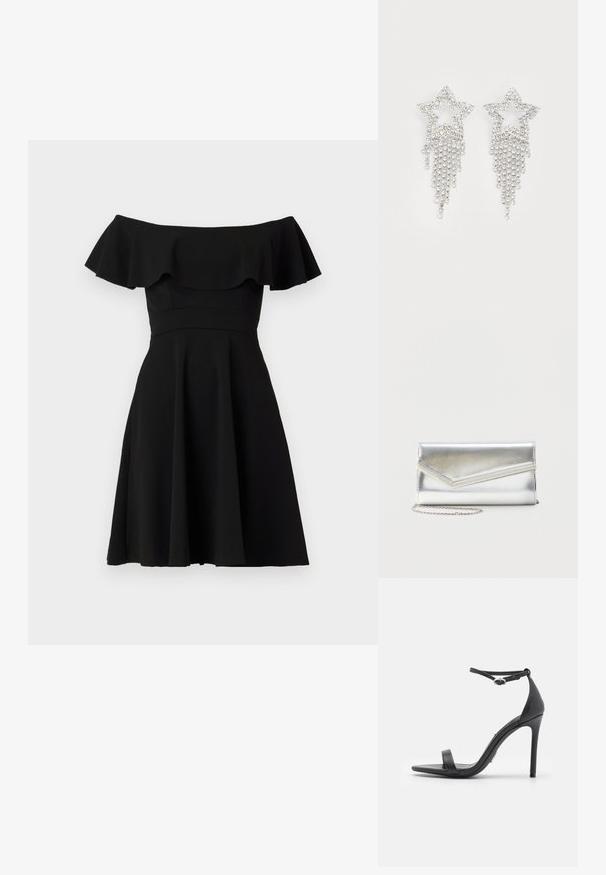 Vestido negro fuera de los hombros con un escote con volantes, corsé ajustado y falda acampanada. Hecho de una tela suave con un acabado sólido.; Sandalias de tacón alto negras con punta abierta, tiras delgadas y hebilla en el tobillo. Textura de cuero suave con un diseño de punta afilada.; Bolso clutch plateado brillante con solapa de estilo sobre y adorno decorativo, pequeña correa de cadena plateada, sobre fondo liso claro.; Pendientes en forma de estrella con strass y detalles de flecos en cascada, con un tono plateado y una superficie brillante y reflectante. Forma de estrella con un diseño intrincado.