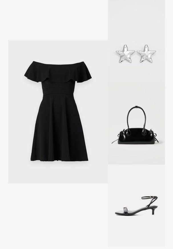 Robe noire dénudée des épaules avec un col à volants, un corsage ajusté et une jupe évasée. Fabriquée en tissu lisse avec une finition unie.; Sandale noire en cuir à bout ouvert avec petit talon kitten, fine bride de cheville avec boucle dorée et accent décoratif doré sur la bride avant.; Petit sac à main noir brillant avec deux longues anses et des détails à cordon sur les côtés sur un fond clair uni.; Boucles d'oreilles argentées en forme d'étoile, avec une surface lisse et brillante. Chaque boucle d'oreille possède cinq pointes et des détails subtils de texture de surface.