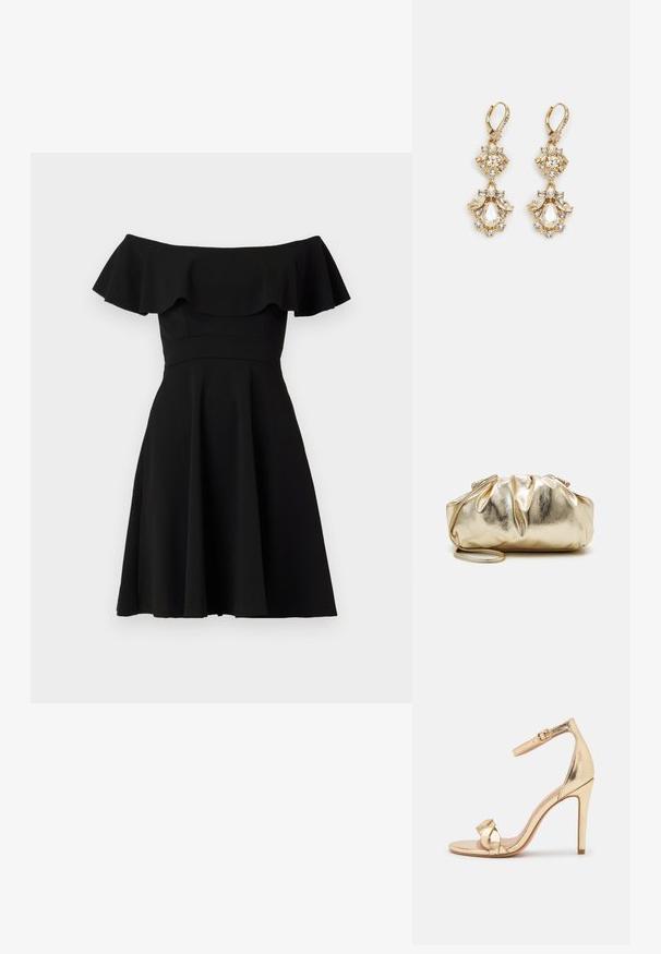 Zwart off-the-shoulder jurkje met een gerimpelde halslijn, een aansluitend lijfje en een uitlopende rok. Gemaakt van gladde stof met een effen afwerking.; Anna Field by Zalando Sandalen met hoge hak - gold; Gouden metallic clutchtas met een gekreukte textuur, zachte ronde vorm en een afneembare kettingriem. Kenmerkt zich door een geplooide afwerking aan de bovenkant.; Gouden hangoorbellen met een clusterontwerp, versierd met ronde en druppelvormige heldere kristallen, die zich kenmerken door ingewikkelde details.