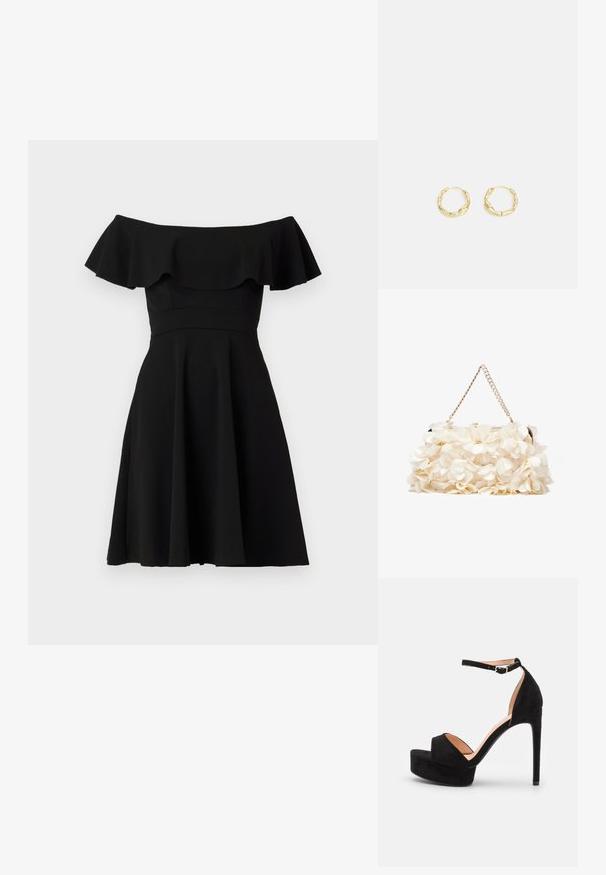 Vestido negro fuera de los hombros con un escote con volantes, corsé ajustado y falda acampanada. Hecho de una tela suave con un acabado sólido.; Sandalia de tacón alto de ante negro con suela de plataforma, tira en el tobillo con herrajes plateados, diseño de punta abierta y textura suave.; Bolso floral blanco con superficie de tela fruncida, correa de cadena en tono dorado y cierre de metal. Presenta pétalos texturizados para un detalle adicional.; Pendientes de aro de oro con una superficie texturizada e irregular. Presentan un diseño ligero y una forma circular, aptos para el uso diario.