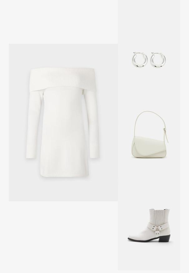 Suéter blanco off-the-shoulder con cuello acanalado y mangas largas. Textura suave, diseño hasta la rodilla y puños acanalados ajustados.; Botín de cuero blanco hasta el tobillo con punta ligeramente afilada, detalle fruncido en la parte posterior y una amplia correa con herraje de hebilla alrededor del tobillo.; Bolso de mano de imitación cuero blanco con una forma triangular estructurada, correa ajustable única y cierre con solapa acentuada en curva.; Pendientes de aro de plata con un acabado pulido, que presentan una forma circular y un cierre de gancho. Textura suave con detalles mínimos.