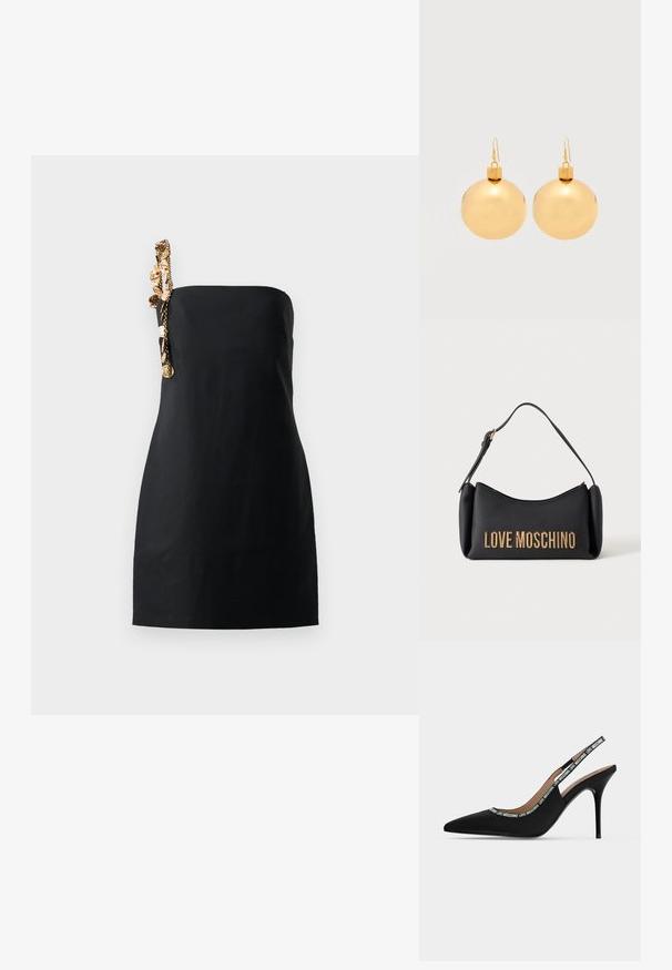 Un vestido negro mini con un corte estructurado y recto, y un detalle decorativo de cadena en tono dorado en un hombro. Textura de tela suave.; Zapato negro de tacón alto tipo slingback con punta puntiaguda, tacón de aguja fino y texto "LOVE MOSCHINO" en la correa y el borde.; Bolso Moschino negro con letras doradas y correa corta para el hombro sobre fondo blanco.; Par de pendientes de bola navideña dorados brillantes con cierre de gancho sobre un fondo blanco liso.