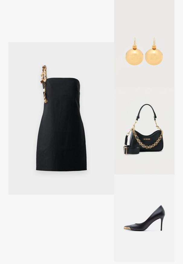 Un vestido negro mini con un corte estructurado y recto, y un detalle decorativo de cadena en tono dorado en un hombro. Textura de tela suave.; Zapato de tacón alto de cuero negro con punta puntiaguda, punta metálica dorada grabada con "Versace Jeans Couture", mostrado de lado sobre fondo blanco.; Bolso Black Love Moschino con cadena de tono dorado formando el nombre de la marca, correa de hombro desmontable y asa superior curvada sobre fondo blanco.; Par de pendientes de bola navideña dorados brillantes con cierre de gancho sobre un fondo blanco liso.
