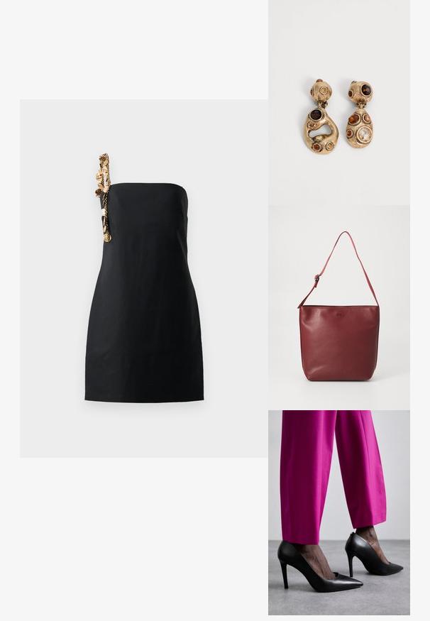 Un vestido negro mini con un corte estructurado y recto, y un detalle decorativo de cadena en tono dorado en un hombro. Textura de tela suave.; Zapatos de tacón alto negros con un diseño de punta afilada y textura de cuero suave. Combinados con pantalones ajustados de un brillante color rosa.; Bolso de mano de cuero rojo con una textura suave, forma rectangular y una correa ajustable. Presenta un logotipo grabado en la parte delantera.; Pendientes asimétricos con forma de gota en tono dorado con formas irregulares, con piedras preciosas de ámbar, marrón y transparente de varios tamaños.