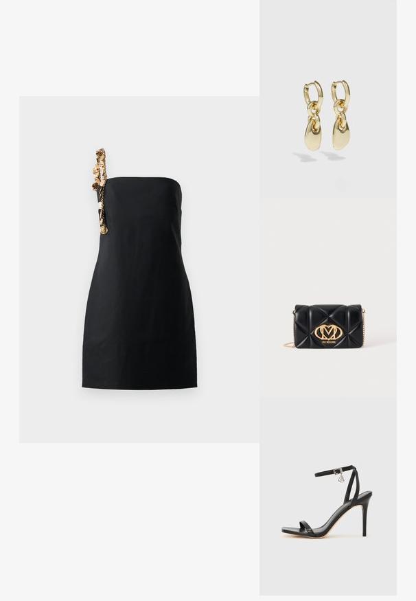 Robe noire mini avec une coupe structurée et droite, ornée d'une chaîne décorative dorée sur une épaule. Texture de tissu lisse.; Sandale à talon haut noire avec une bride étroite à la cheville, bout carré, cuir lisse et accent de boucle métallique.; Sac à main en cuir matelassé noir avec bandoulière chaîne dorée et logo Love Moschino doré au centre devant.; Boucles d'oreilles en or en forme de créoles, avec un design en maillons et des accents lisses en forme de goutte d'eau. Fini réfléchissant qui améliore l'attrait visuel.