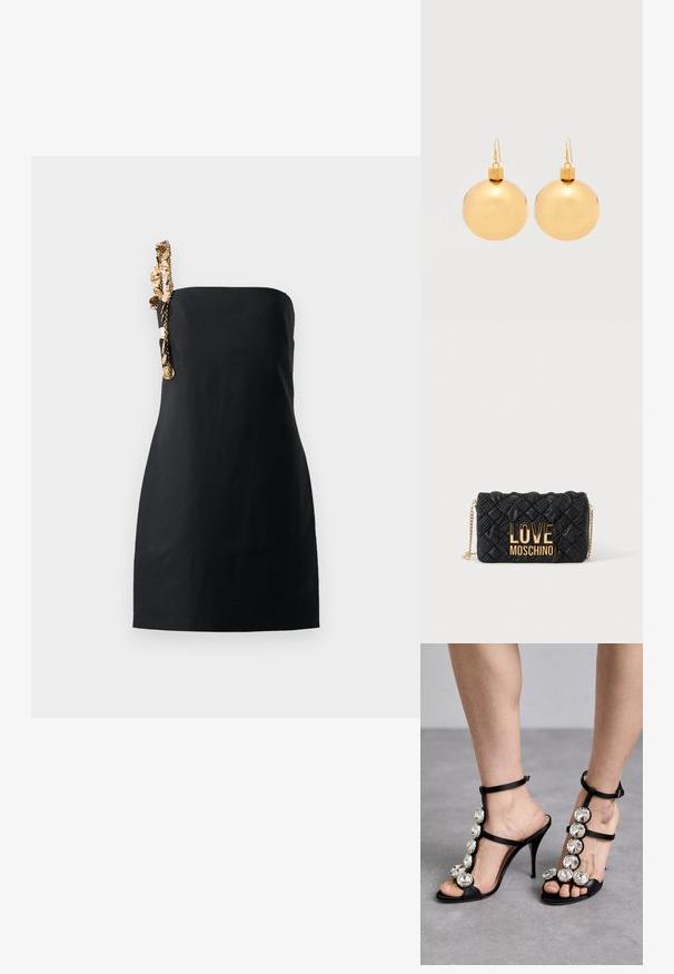Schwarzes Mini-Kleid mit strukturiertem, geradem Schnitt und einem dekorativen Kettendetail in goldener Farbe an einer Schulter. Glatte Stoffoberfläche.; Schwarze High-Heels-Sandalen mit Satinriemen und großen runden Strass-Akzenten entlang des Schaftes und Knöchels, offenes Ze design.; Schwarze gesteppte Umhängetasche mit goldener Kettenriemen und großem goldenen "LOVE MOSCHINO" Logo auf der Vorderseite.; Paar glänzende goldene Weihnachtskugel-Ohrringe mit Hakenverschlüssen auf einfachem weißem Hintergrund.