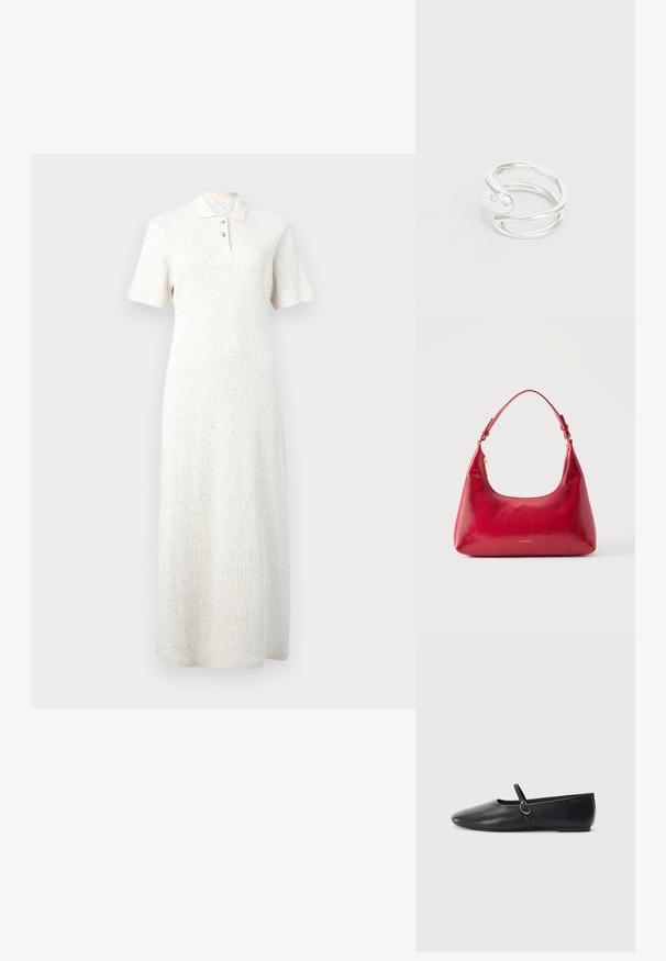 Robe midi en tricot côtelé blanc avec manches courtes, col et patte de boutonnage à trois boutons, présentant un motif discret de taches multicolores.; Ballerines noires en cuir avec un bout pointu, une semelle plate et une petite sangle avec un détail de boucle en argent.; Sac à épaule en cuir rouge avec fermeture éclair dorée et sangle réglable, logo Calvin Klein centré à l'avant.; Bague en métal argenté avec un design tordu et une finition lisse. La bague a une forme ouverte avec un accent en spirale et une apparence minimaliste.