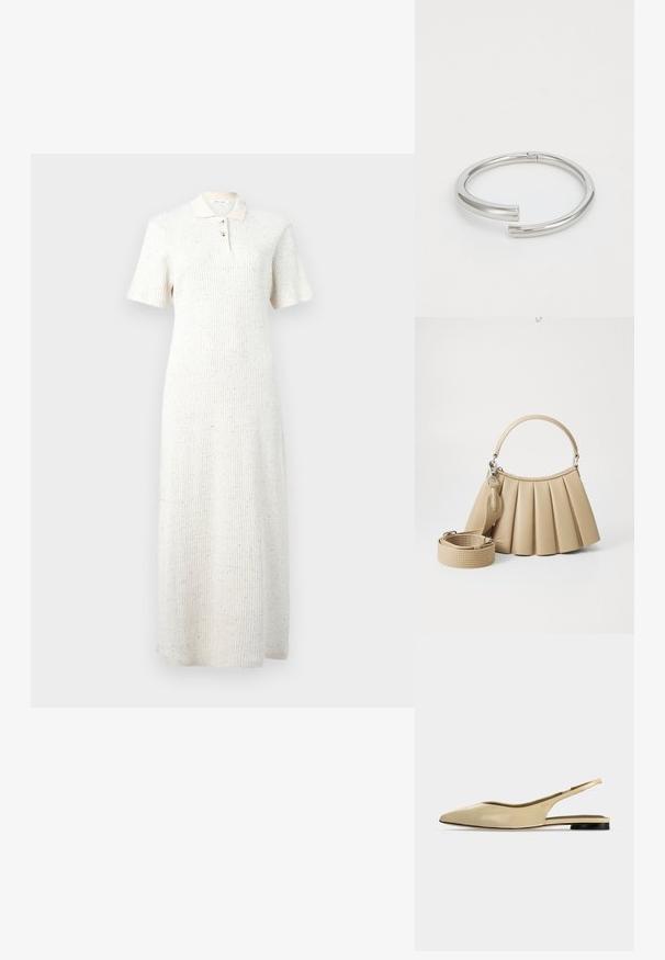 Robe midi en tricot côtelé blanc avec manches courtes, col et patte de boutonnage à trois boutons, présentant un motif discret de taches multicolores.; Chaussure plate beige à bout pointu avec bride arrière, petit talon noir et finition en cuir lisse, vue de côté sur un fond uni.; Lacoste LENGLEN BAG - Sac à main - viennois; Calvin Klein SPIRAL - Bracelet - silver-coloured