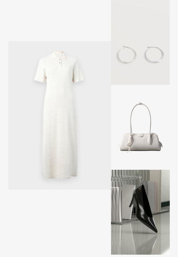 Robe midi en tricot côtelé blanc avec manches courtes, col et patte de boutonnage à trois boutons, présentant un motif discret de taches multicolores.; Chaussure noire à talon haut avec bout pointu et logo doré, posée sur une surface réfléchissante près d'un organiseur de dossiers en fil chromé contenant des documents.; Sac à bandoulière blanc Calvin Klein avec longues poignées, forme rectangulaire, fermeture éclair et charm logo décoratif suspendu près de la poignée.; Boucles d’oreilles créoles en métal argenté avec une surface lisse légèrement incurvée et des fermoirs à clapet sur un fond blanc uni.