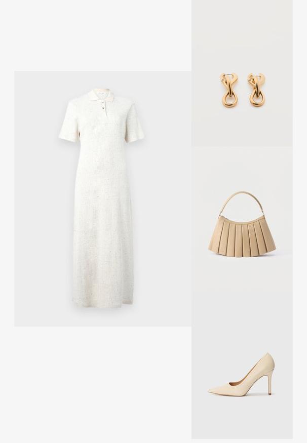Robe midi en tricot côtelé blanc avec manches courtes, col et patte de boutonnage à trois boutons, présentant un motif discret de taches multicolores.; Escarpin en cuir beige à talon haut avec un bout pointu et un détail découpé sur le côté, possédant un talon stiletto fin pour le soutien.; Sac à main plissé beige avec fermeture éclair incurvée en haut et poignée arquée simple, présenté sur un fond blanc.; Paire de boucles d'oreilles créoles en bouclettes dorées brillantes sur fond blanc uni, présentant un design torsadé entrelacé.