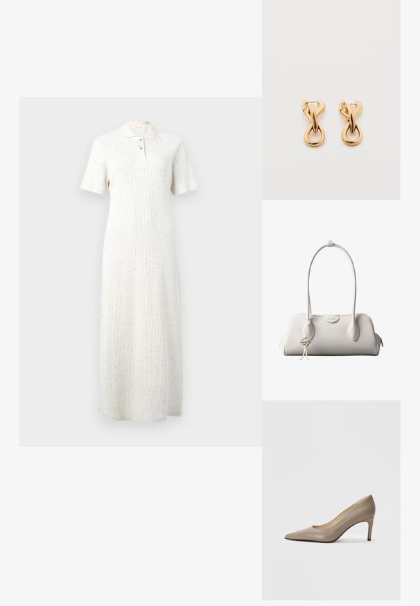 Robe midi en tricot côtelé blanc avec manches courtes, col et patte de boutonnage à trois boutons, présentant un motif discret de taches multicolores.; Chaussure à talon haut en cuir beige avec un bout pointu et un talon slim de 7 cm. Surface lisse et design minimaliste sans embellissements visibles.; Sac à bandoulière blanc Calvin Klein avec longues poignées, forme rectangulaire, fermeture éclair et charm logo décoratif suspendu près de la poignée.; Paire de boucles d'oreilles créoles en bouclettes dorées brillantes sur fond blanc uni, présentant un design torsadé entrelacé.