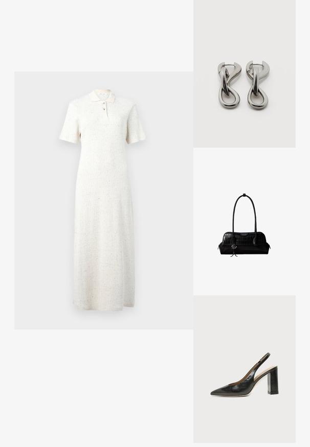 Robe midi en tricot côtelé blanc avec manches courtes, col et patte de boutonnage à trois boutons, présentant un motif discret de taches multicolores.; Chaussure slingback en cuir noir à bout pointu avec un talon bloc haut et une doublure intérieure beige sur un fond clair uni.; Sac à épaule en cuir noir à texture crocodile, avec de longues sangles et un petit charm logo argenté sur une sangle.; Paire de boucles d'oreilles en métal argenté avec un motif abstrait d'anneaux entrelacés sur fond blanc.