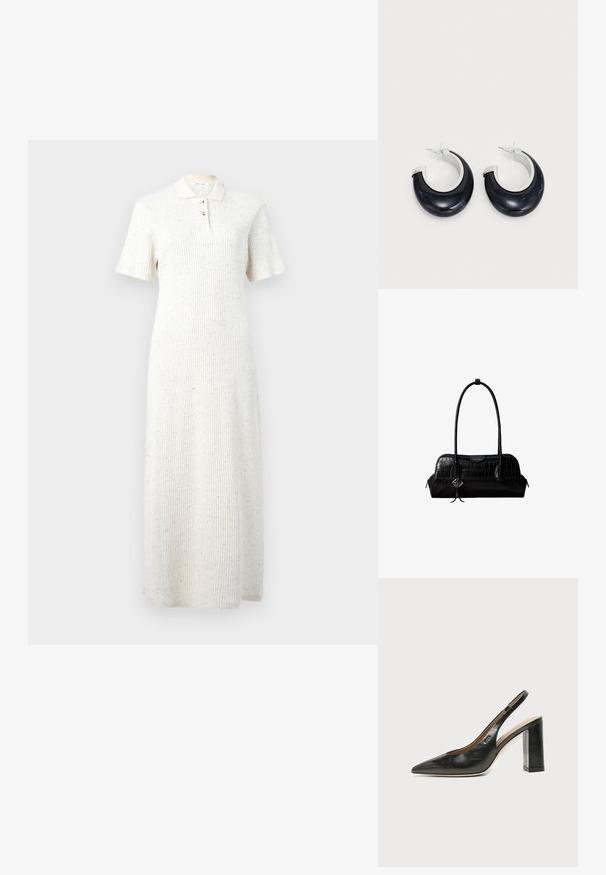 Robe midi en tricot côtelé blanc avec manches courtes, col et patte de boutonnage à trois boutons, présentant un motif discret de taches multicolores.; Chaussure slingback en cuir noir à bout pointu avec un talon bloc haut et une doublure intérieure beige sur un fond clair uni.; Sac à épaule en cuir noir à texture crocodile, avec de longues sangles et un petit charm logo argenté sur une sangle.; Boucles d'oreilles en résine noire avec une finition brillante et des accents en métal argenté. Forme circulaire avec une découpe et une fermeture à tige.
