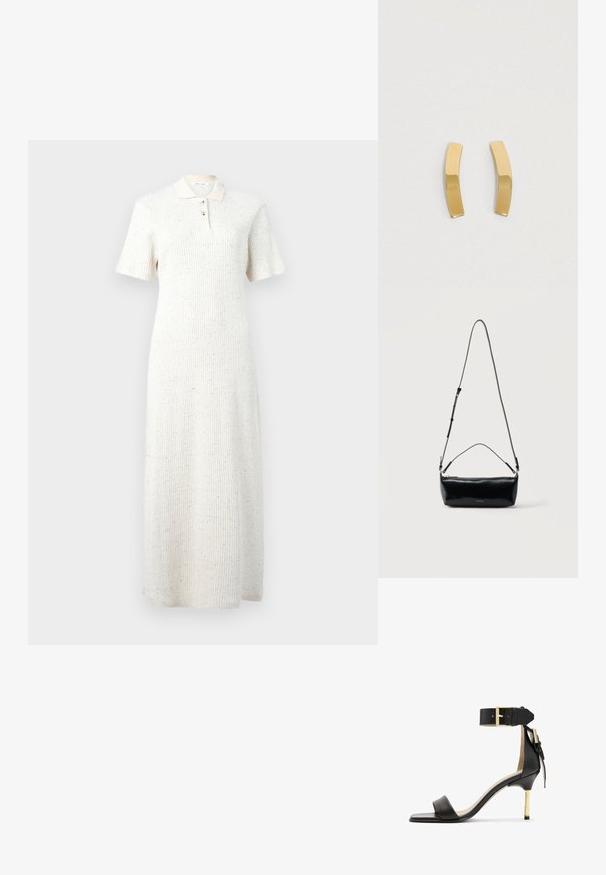 Robe midi en tricot côtelé blanc avec manches courtes, col et patte de boutonnage à trois boutons, présentant un motif discret de taches multicolores.; Sandale à talon en cuir noir avec un bout carré, une bride de cheville dotée d'une boucle en or et un talon métallique fin. Texture lisse, design minimaliste.; Sac bandoulière rectangulaire en cuir noir avec bandoulière ajustable, fermeture éclair sur le dessus et petit logo Calvin Klein doré sur le devant.; Boucles d'oreilles en métal doré avec un design cintré et allongé. La surface est lisse et polie, arborant un style minimaliste.