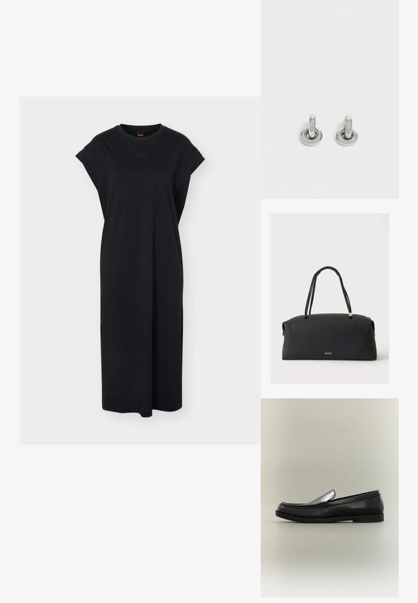 Robe midi noire sans manches avec encolure ronde, broderie discrète du logo sur la poitrine, et coupe décontractée, présentée sur un fond blanc uni.; Mocassin en cuir noir avec couture moc toe, petit talon et design à enfiler sur fond neutre.; Sac à main rectangulaire noir avec anses doubles tressées et logo doré "HUGO" au centre avant sur fond blanc.; Paire de petites boucles d'oreilles créoles argentées brillantes avec une base ronde, présentées sur un fond clair uni.
