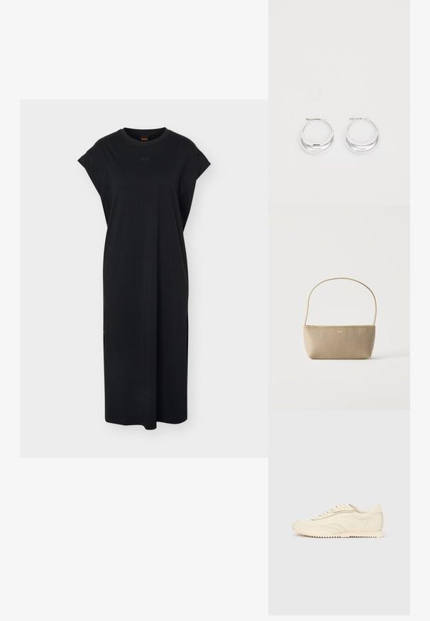 Robe midi noire sans manches avec encolure ronde, broderie discrète du logo sur la poitrine, et coupe décontractée, présentée sur un fond blanc uni.; Baskets basses de couleur crème avec des coutures ondulées, une fermeture à lacets et une semelle crantée, vues de côté sur un fond uni.; Sac à main tissé beige avec fine bandoulière et petit logo doré "BOSS" à l'avant, présenté sur fond blanc uni.; Boucles d'oreilles en argent avec une finition polie et un branding DKNY, présentées sur un fond blanc uni.