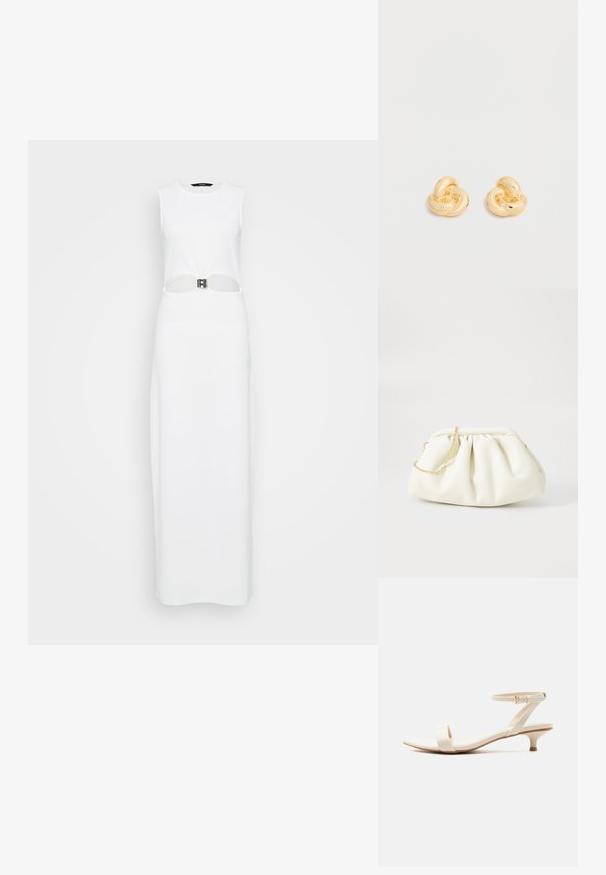 Robe maxi sans manches blanche avec une découpe centrale ornée d'un détail de ceinture métallique. Texture lisse, silhouette droite.; Sandale beige à talon bas avec une bride unique pour les orteils et une bride de cheville ajustable ornée d'une petite boucle en or, sur fond blanc.; Sac à main en cuir blanc avec un design plissé, doté d'une bandoulière en chaîne dorée et d'une forme arrondie. Texture lisse avec des plis doux et sans motifs.; Paire de clous d'oreilles en forme de nœud, couleur or brillant, sur un fond blanc uni.