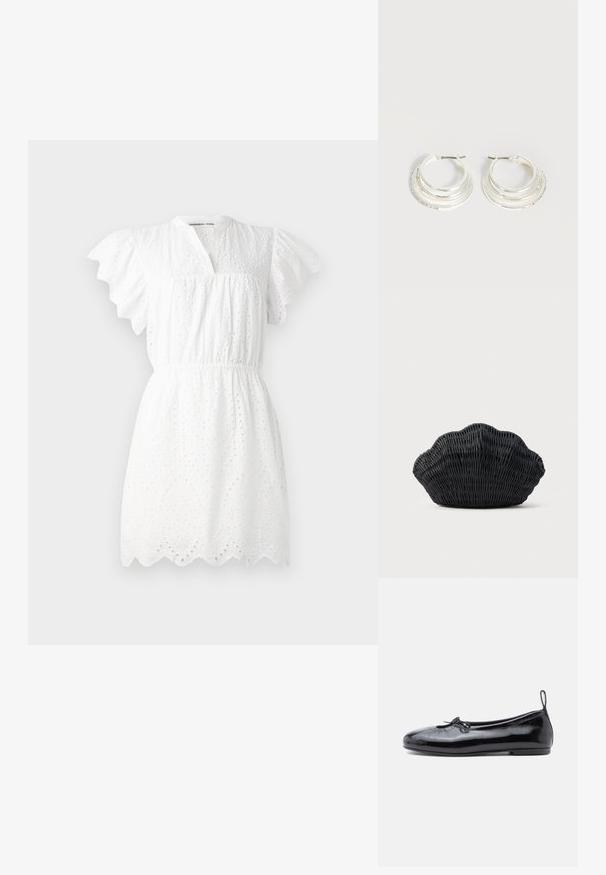 Witte jurk gemaakt van broderie anglaise stof, met pofmouwen, een v-hals, een elastische taille en een gegolfde zoom.; Zwarte gepoetste leren balletschoenen met een ronde neus, een klein strikje en een gladde textuur; heeft een lage platte zool en een lusje aan de hiel.; Zwarte gevlochten handtas in de vorm van een sint-jakobsschelp met een gebogen bovenkant en een geweven textuur op een effen achtergrond.; Zilveren oorringen met drie gelaagde halve cirkelvormige banden, waarvan één versierd met kleine heldere kristallen op een lichte achtergrond.