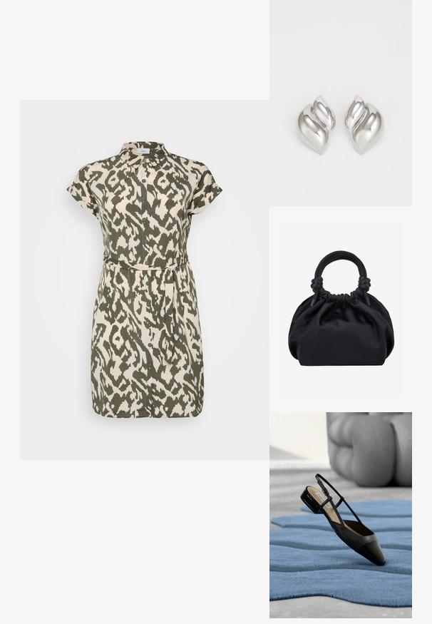 Vestido de manga corta con un cierre de botones en la parte delantera, que presenta un estampado abstracto en oliva y crema, tejido suave y un cinturón de lazo en la cintura.; Zapato slingback de charol negro con tacón bajo en bloque, descansando sobre una alfombra azul con textura ondulada y muebles acolchados grises.; Bolso de mano de tela negra suave con parte superior fruncida y asas acolchadas circulares atadas con nudos a cada lado.; Pendientes de plata con una forma orgánica y abstracta. Superficie lisa y brillante con un diseño cónico. Presentan suaves curvas y un detalle de línea central.