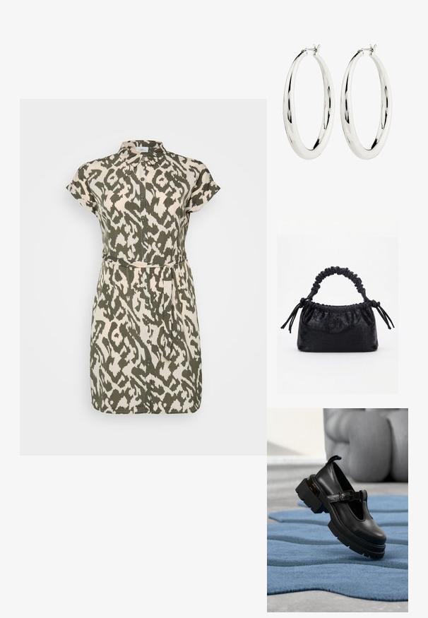 Vestido de manga corta con un cierre de botones en la parte delantera, que presenta un estampado abstracto en oliva y crema, tejido suave y un cinturón de lazo en la cintura.; Zapato Mary Jane de cuero negro con suela gruesa y correa con hebilla, presentado flotando sobre una alfombra azul texturizada en un suelo gris.; Bolso negro con textura de cocodrilo, borde superior fruncido, asa recogida y cordones con borlas en cada lado sobre un fondo blanco.; Pendientes de aro de plata con una superficie lisa y reflectante. Forma redonda y grande con un cierre seguro en la parte superior. El acabado pulido resalta el brillo.