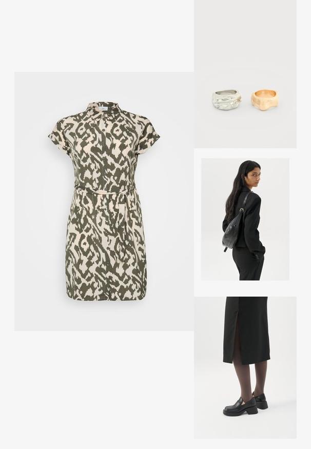 Korte mouwen jurk met een knoopsluiting aan de voorkant, met een olijfgroen en crème abstract patroon, zachte stof en een strikceintuur in de taille.; Vrouw met zwarte loafers met grove hak, zwarte doorschijnende panty's en een zwarte rok met een split aan de achterkant op een witte achtergrond.; Vrouw met lang donker haar in een zwart pak, met een zwart leren schoudertas, die over haar schouder kijkt tegen een witte achtergrond.; Twee ringen in onregelmatige vormen naast elkaar, één zilver met textuurrijke details, de ander glad en mat goud.