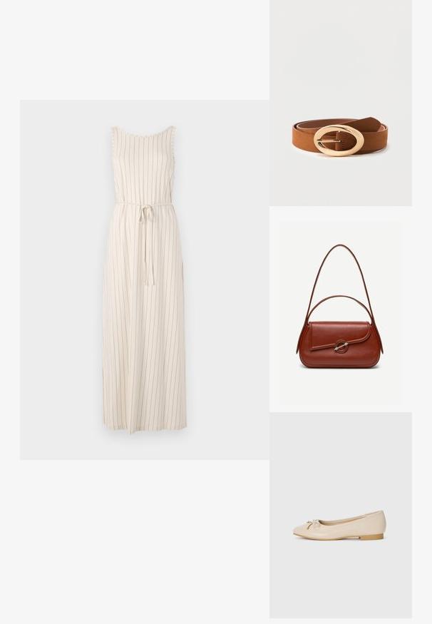 Lang beige kjole med lodrette sorte striber, ærmeløs design, rund hals og et bælte i taljen. Letvægtsstof.; Beige balletflader lavet af glat syntetisk materiale. Har en lille blokhæl og en knyttet detalje med gyldne accenter på tåen.; Brun skuldertaske i læder med afrundet rektangulær form, asymmetrisk klap, sølvfarvet rund lukning og to tynde stropper.; Brun læderbælte rullet sammen med stort oval skinnende guldspænde mod hvid baggrund.