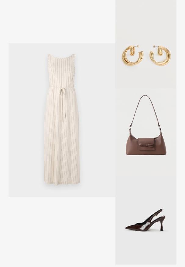 Largo vestido beige con rayas negras verticales, diseño sin mangas, escote en forma de barco y un cinturón de lazo en la cintura. Tela ligera.; Zapatos de tacón slingback de charol marrón con punta afilada, tacón delgado y correa ajustable con una pequeña hebilla.; Bolso bandolera de cuero marrón con un bolsillo frontal de solapa que presenta un detalle de moño cosido y una correa ajustable.; Par de pendientes de aro doble brillante de oro con cierres de presión sobre un fondo blanco.